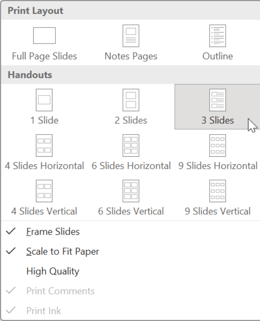 PowerPoint print layout options