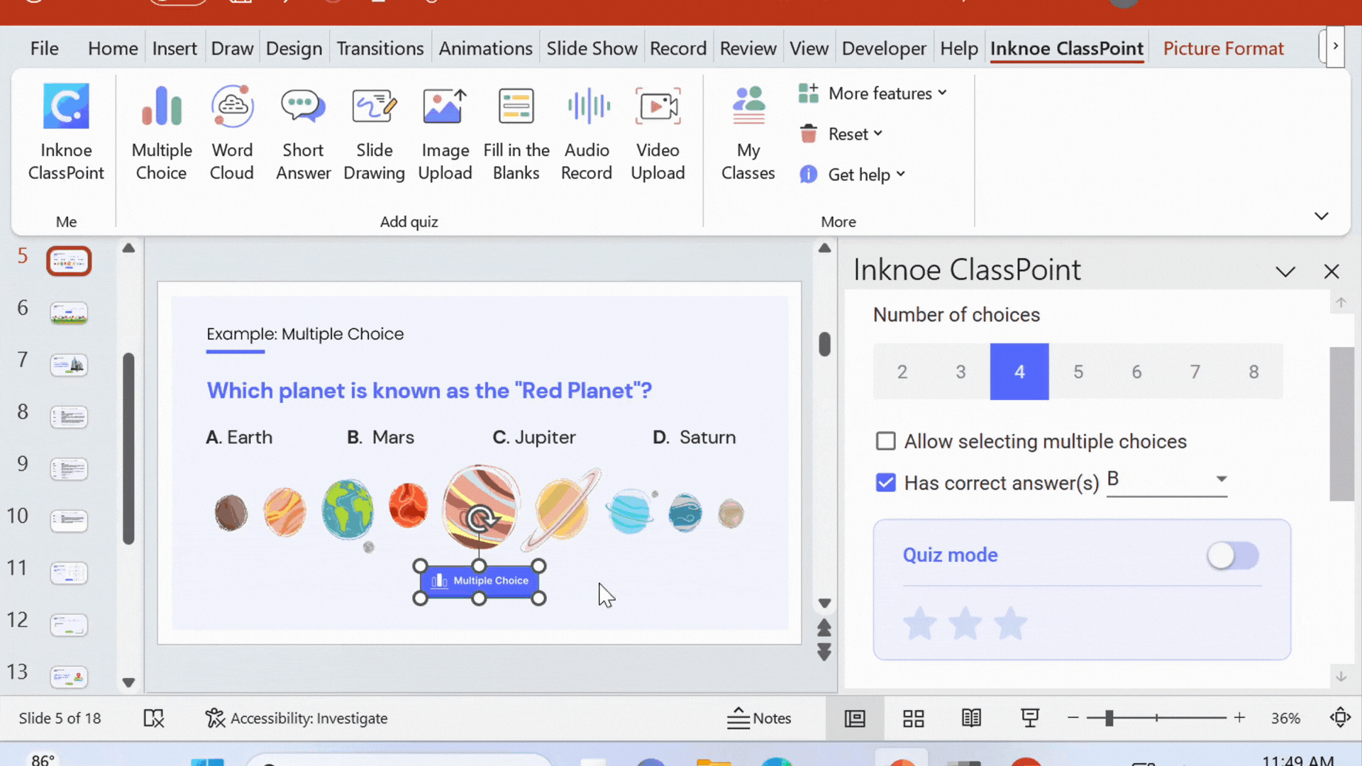 ClassPoint is an add-in to PowerPoint that allows educators to create interactive quizzes and implement gamification.