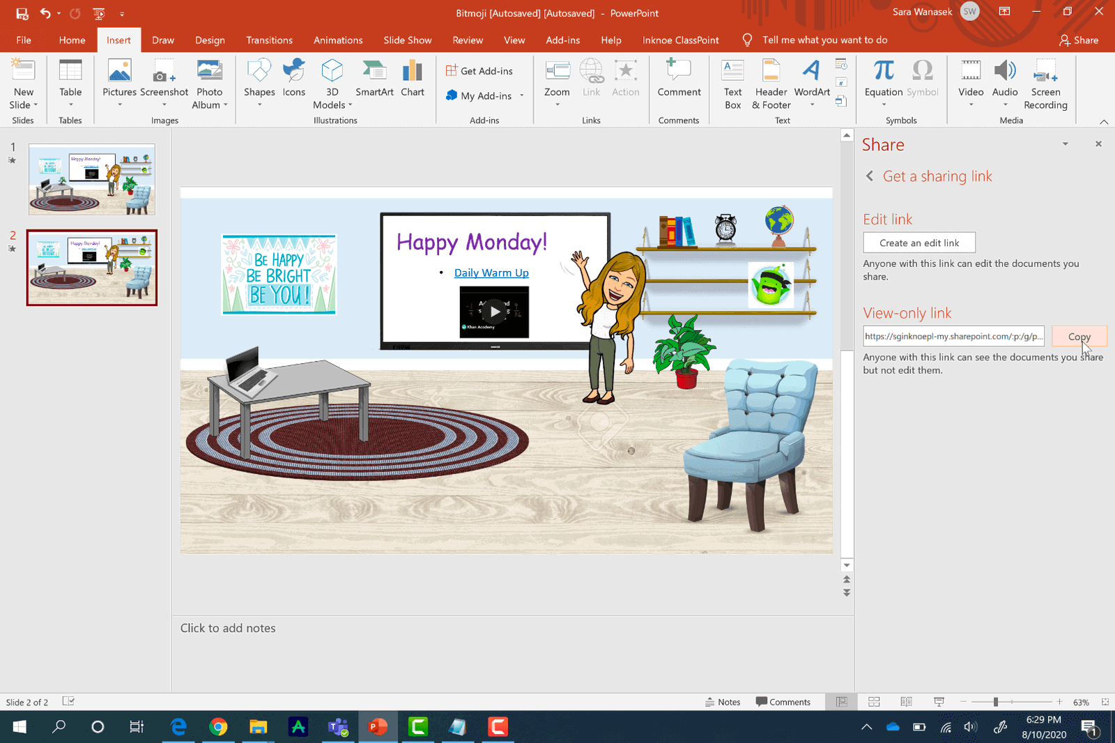 obtenir un lien partageable vers votre classe Bitmoji dans PowerPoint