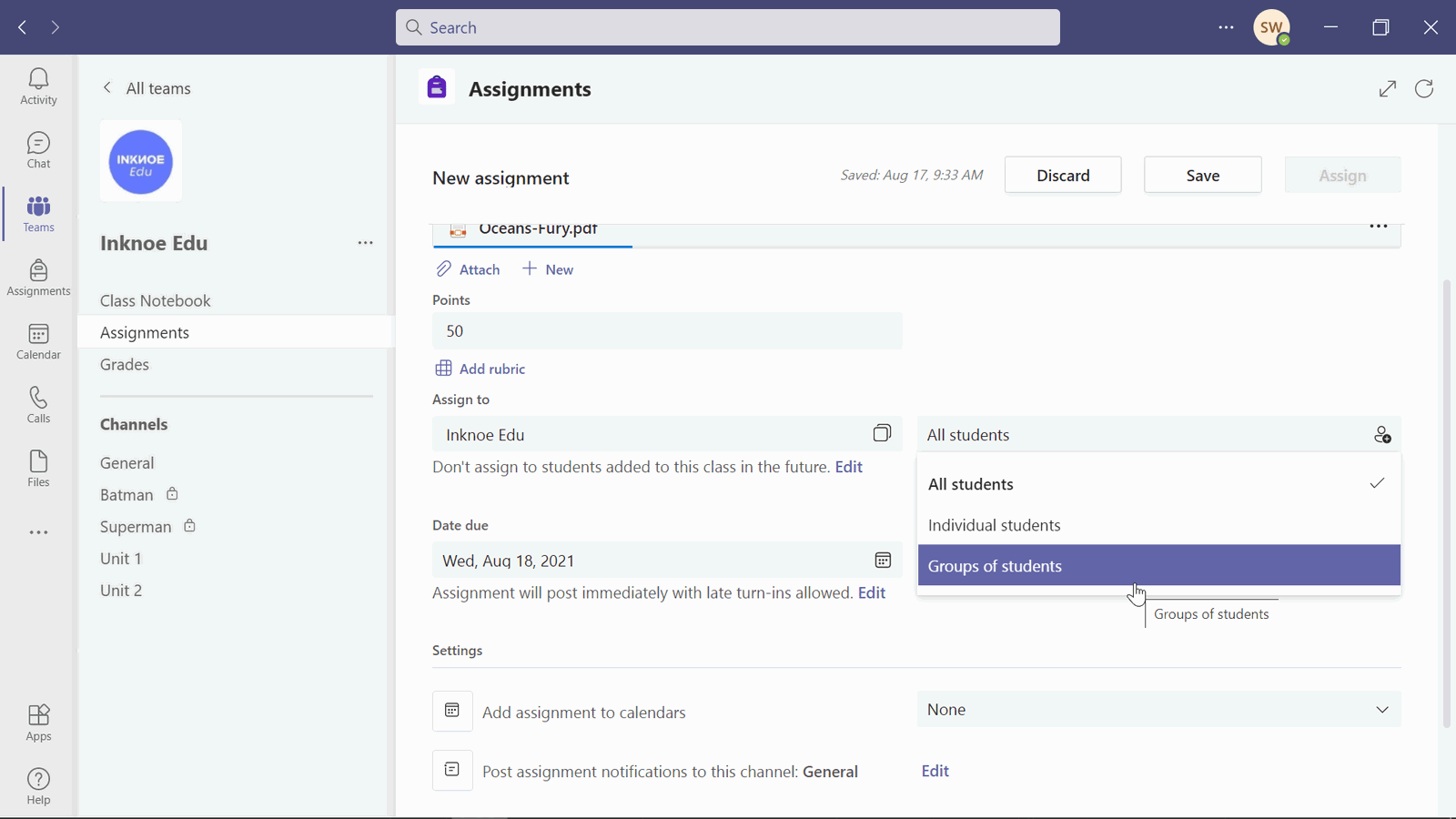 teams assignment updates: assign work to group of students.