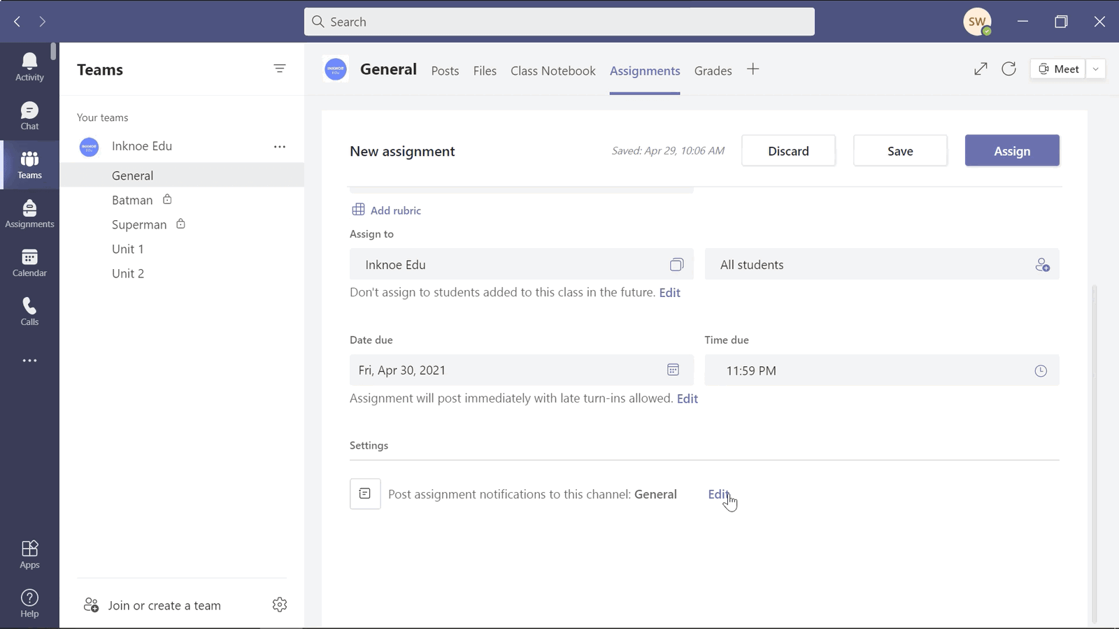 create & post assignments to specific channels in teams