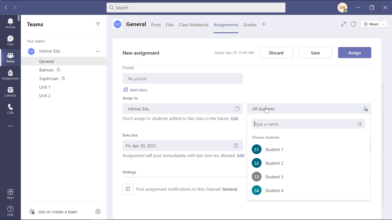 select specific students to post assignments in teams