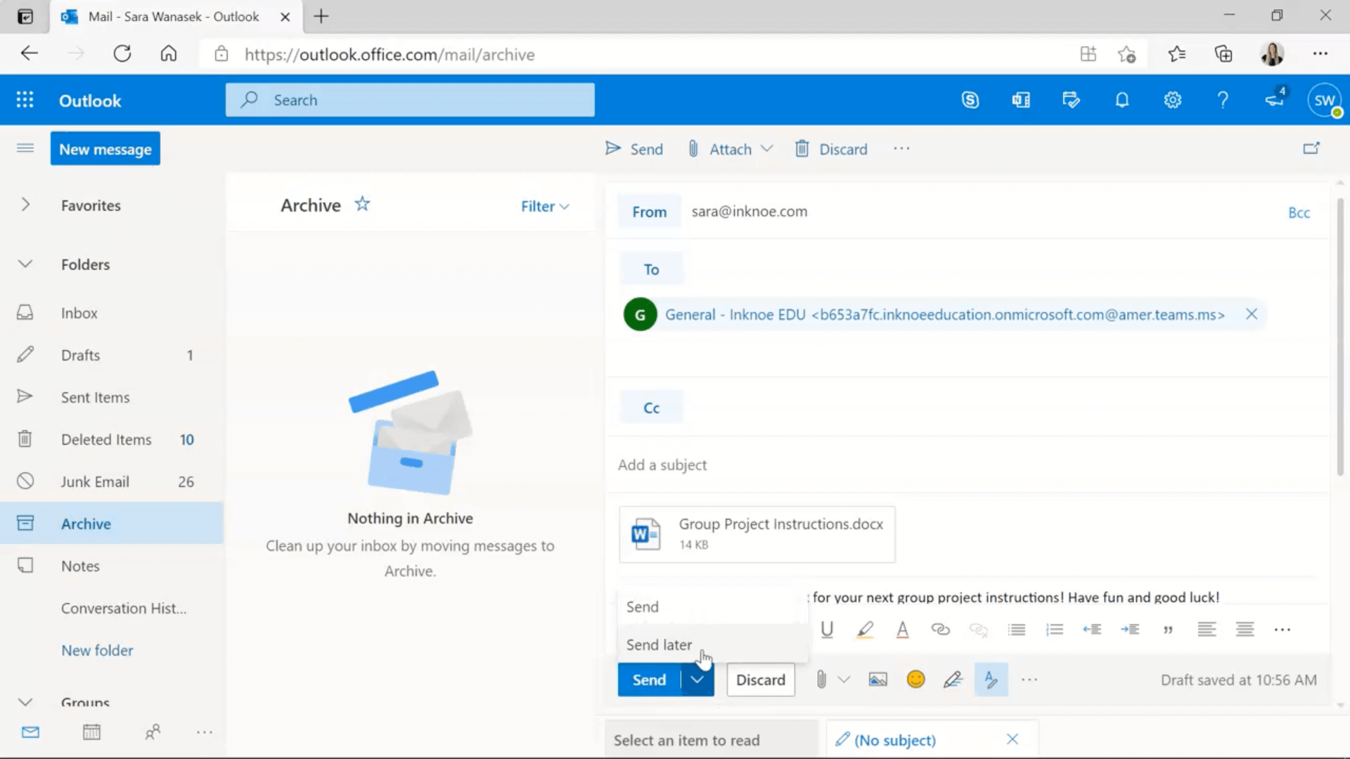 قم بإنشاء بريد إلكتروني باستخدام إصدار الويب من Outlook لإرساله إلى عنوان البريد الإلكتروني لقناة Teams