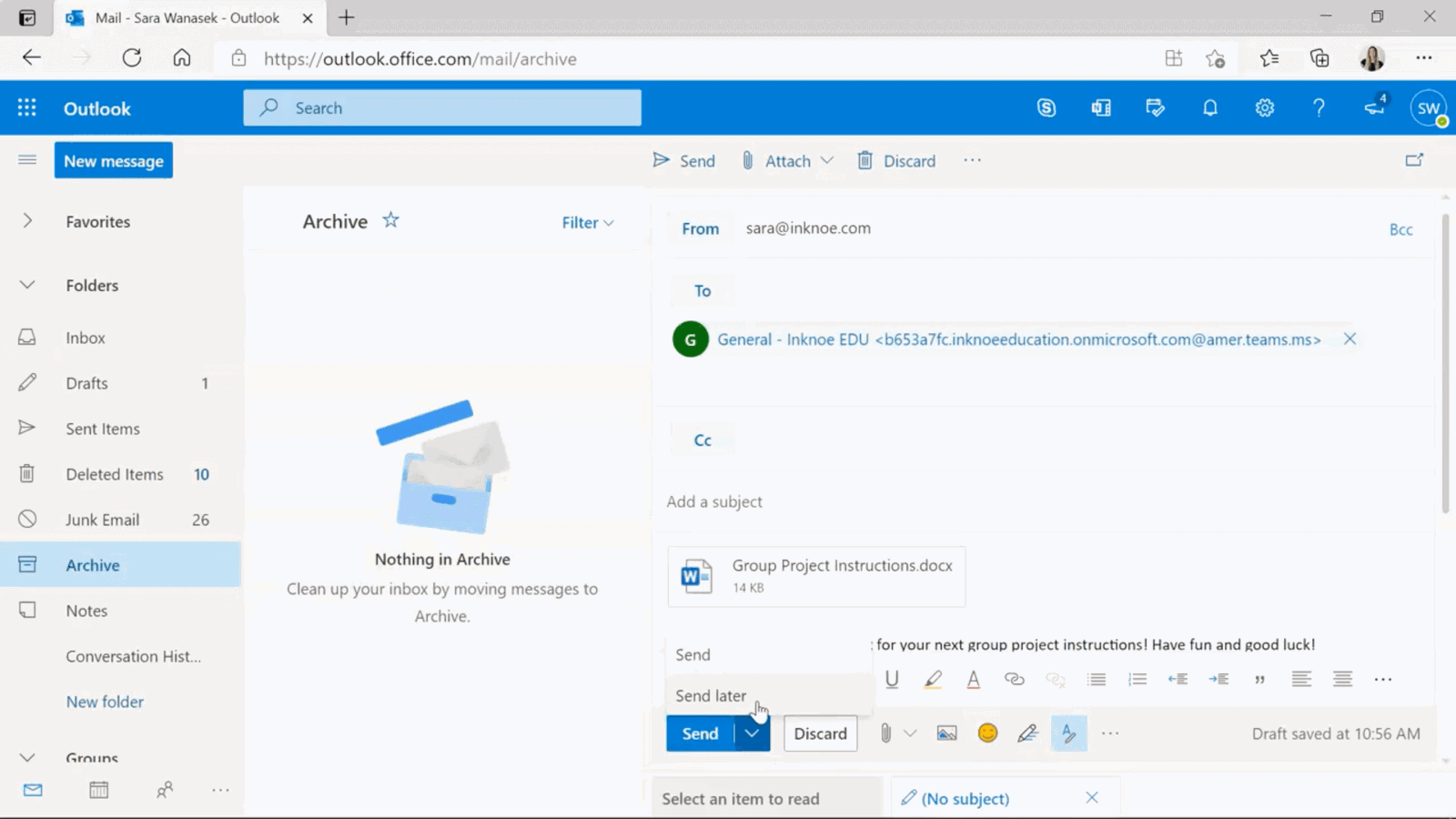 crear un correo electrónico con la versión web de Outlook para enviarlo a la dirección de correo electrónico del canal Equipos