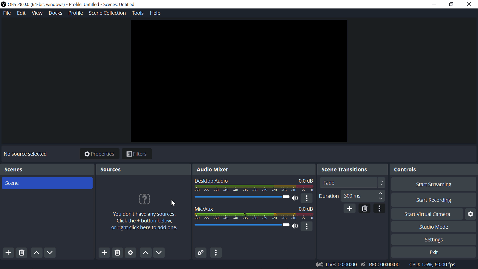 OBS interface to record screen on windows