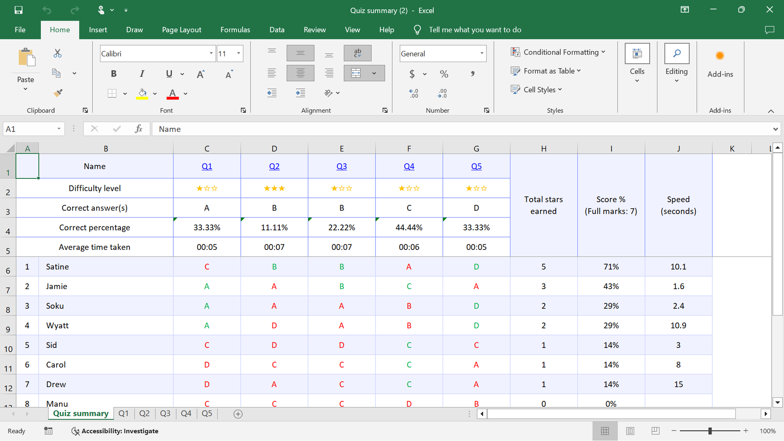 ClassPoint Quiz Mode excel export