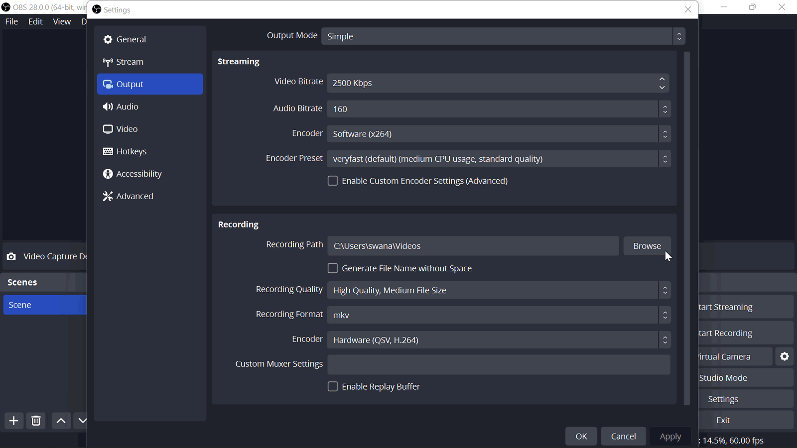 Change saved file path for OBS recordings