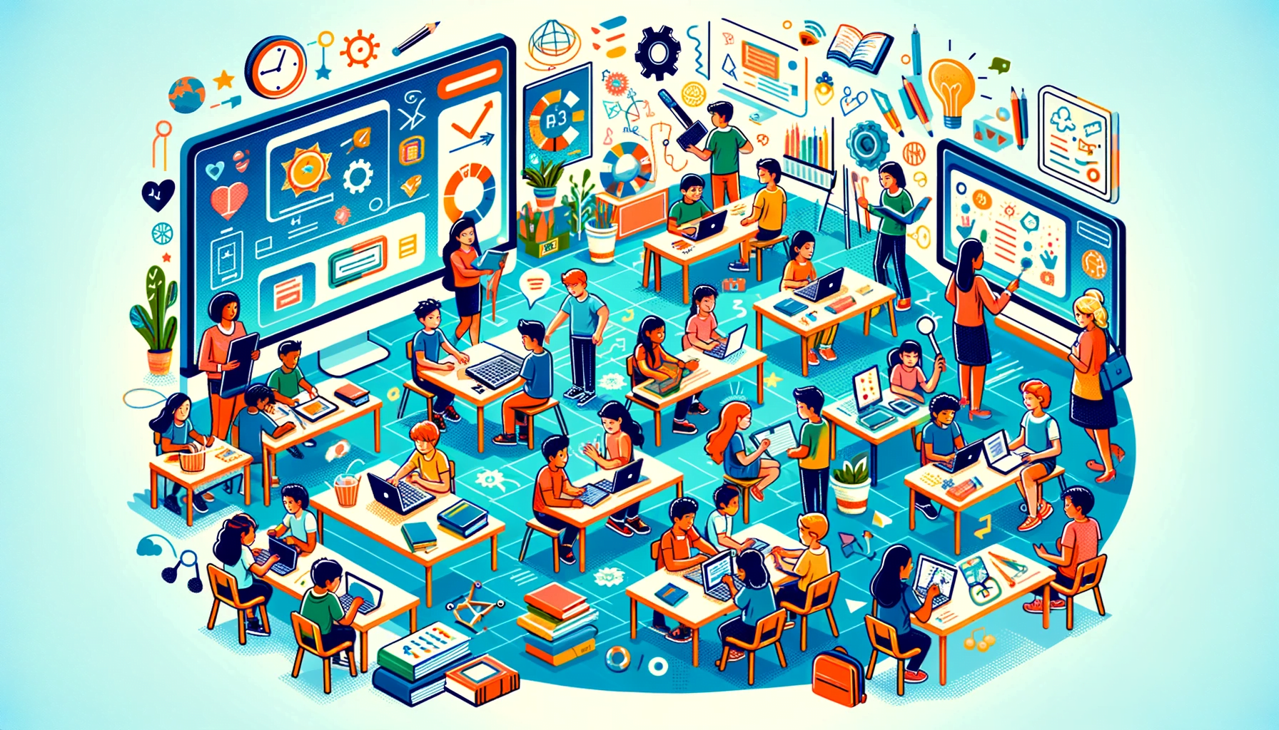 Modern classroom scene showing active, student-centered Project-Based Learning.