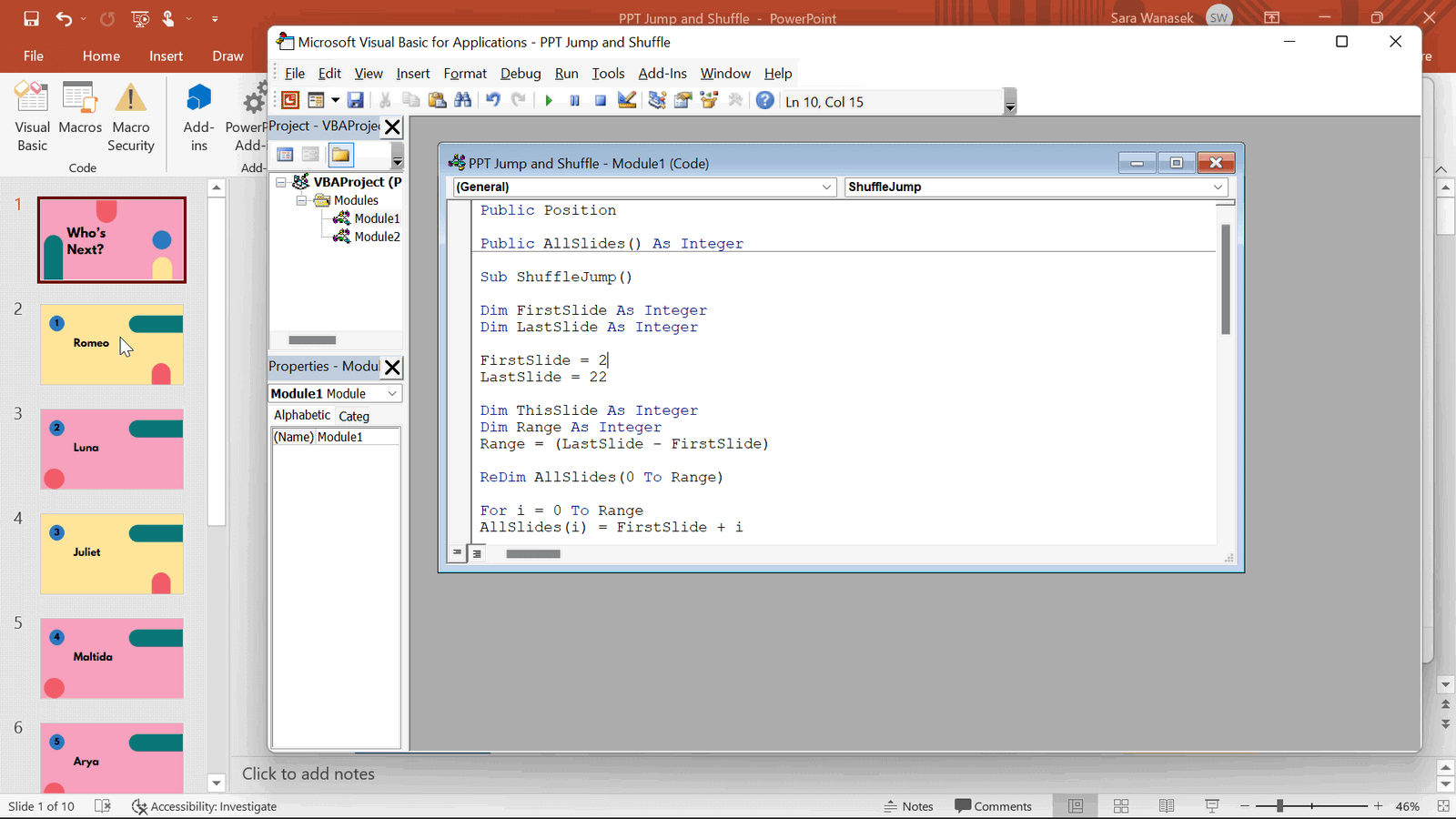 copy and paste the VBA code to shuffle PowerPoint Slides automatically