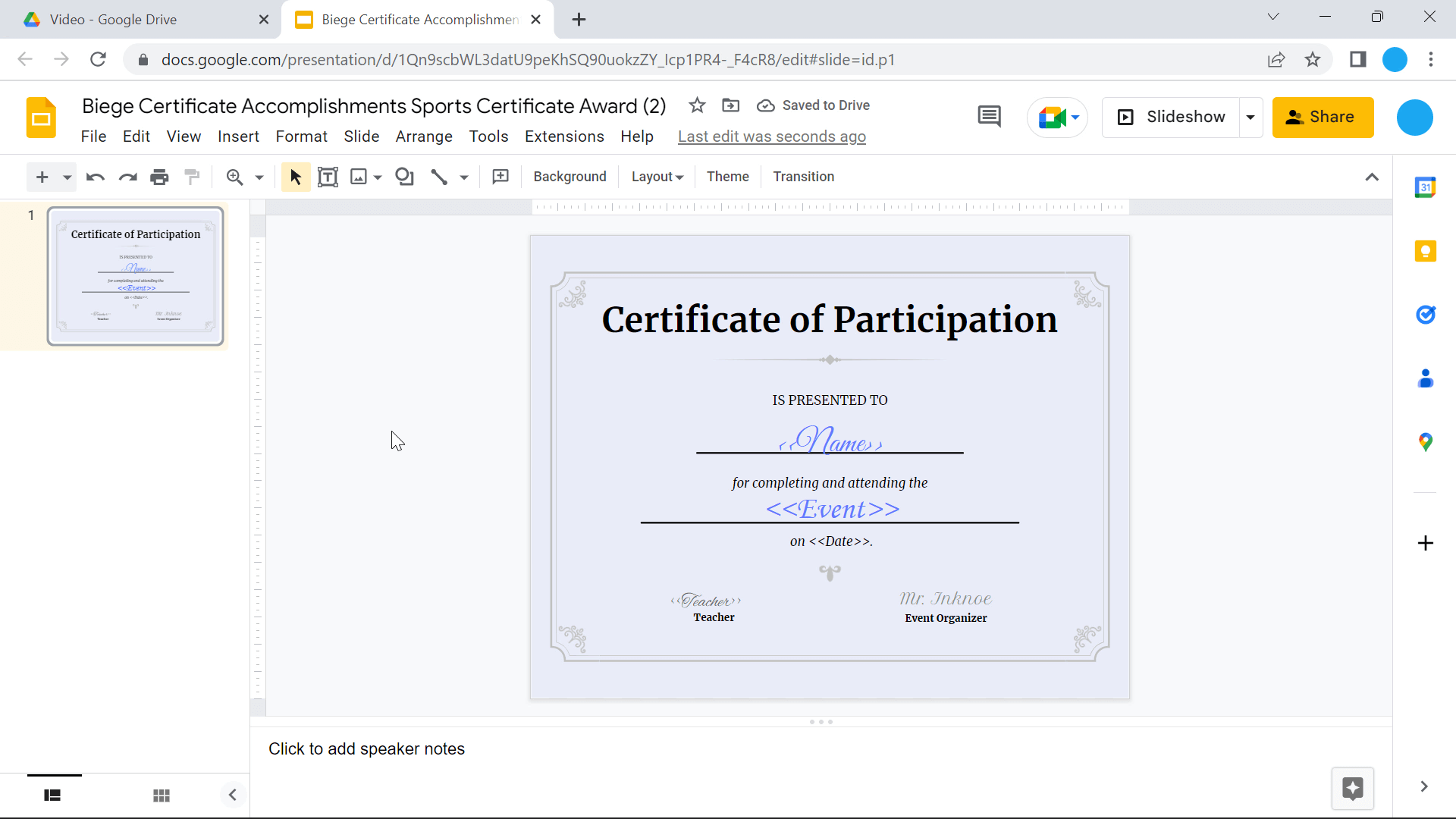 Créer un certificat Google Slide
