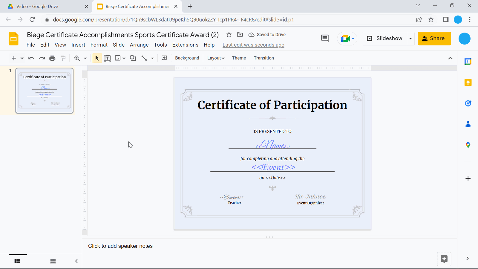 Créer un certificat Google Slide
