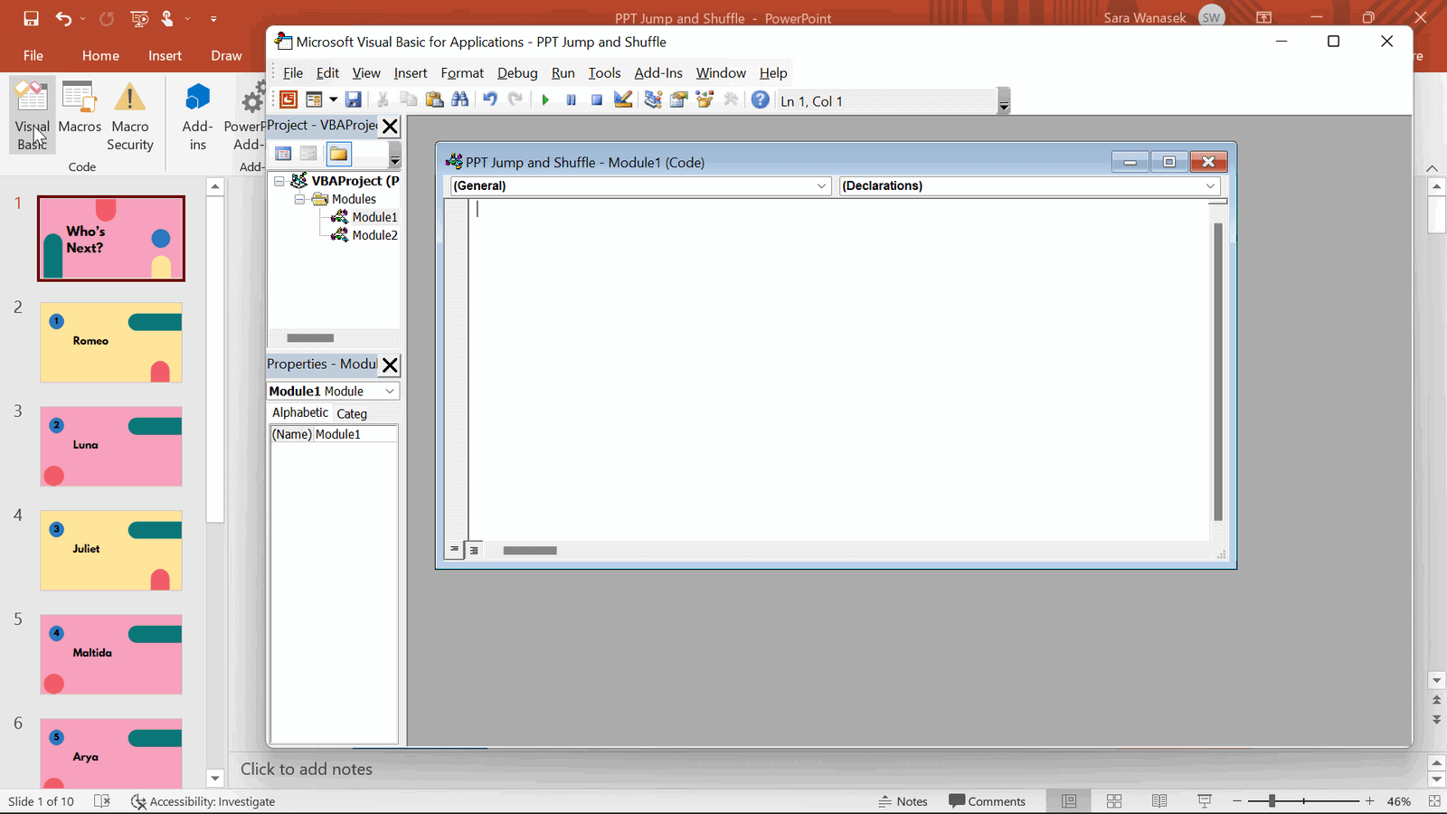 open VBA to shuffle PowerPoint slides randomly in your presentation