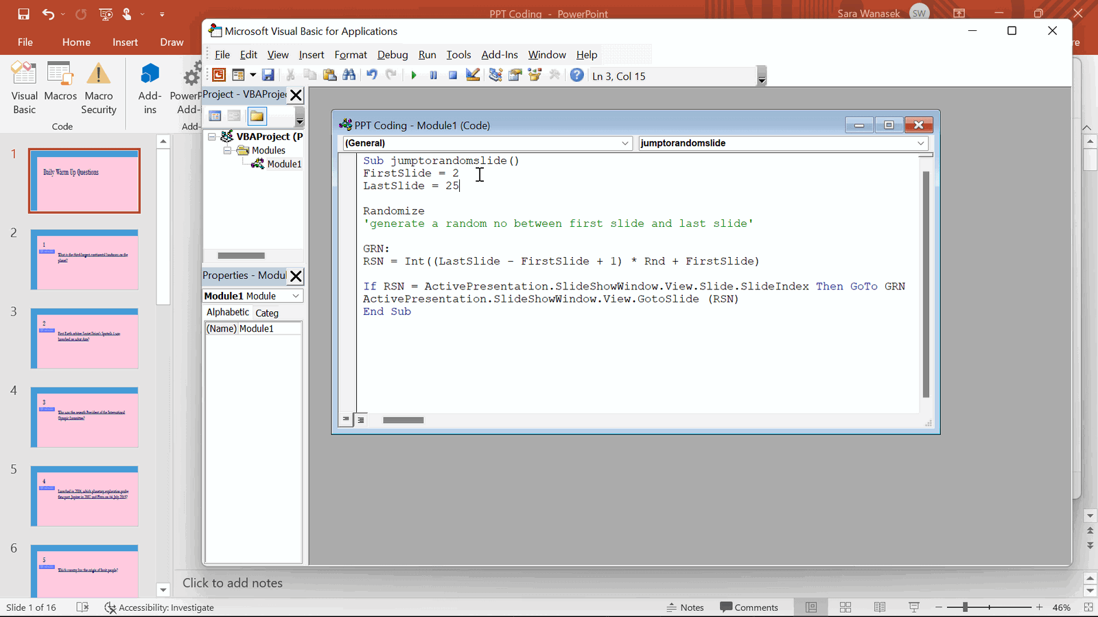 Salin, Tempel, dan edit kode untuk menjalankan pengacakan dan lompatan slide PowerPoint Anda