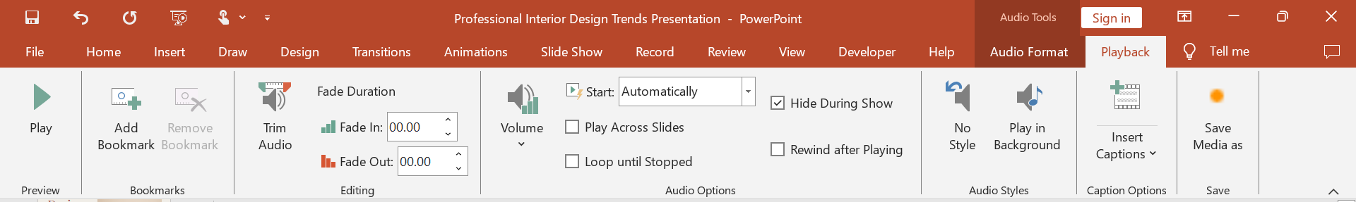 Audio playback options PowerPoint
