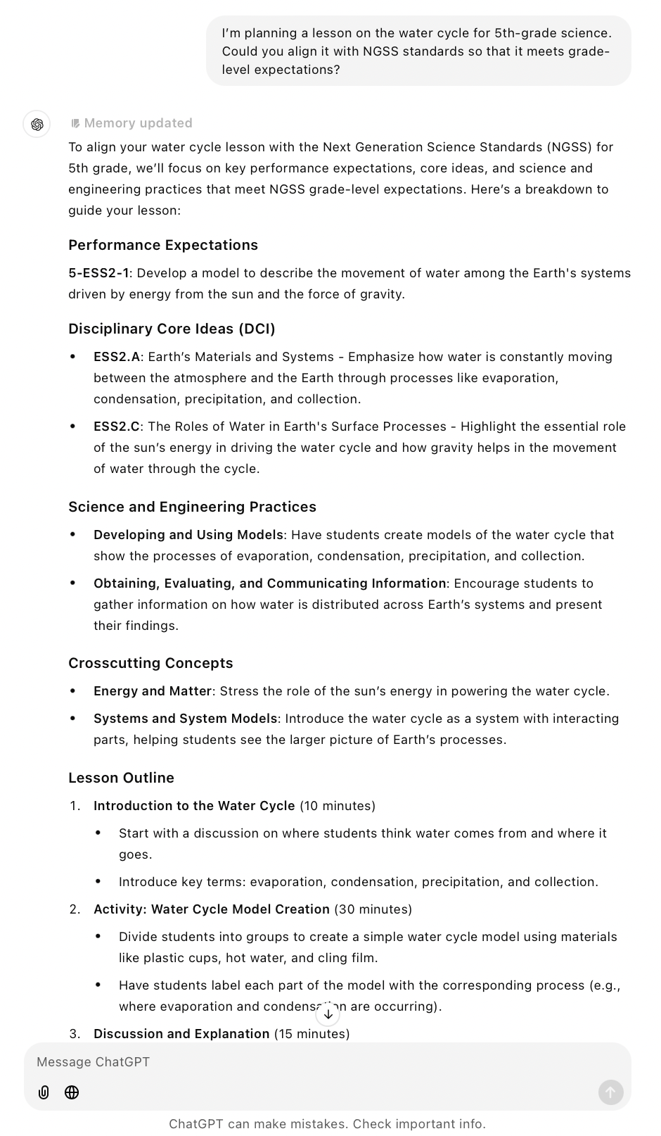 ChatGPT lesson plan sample output
