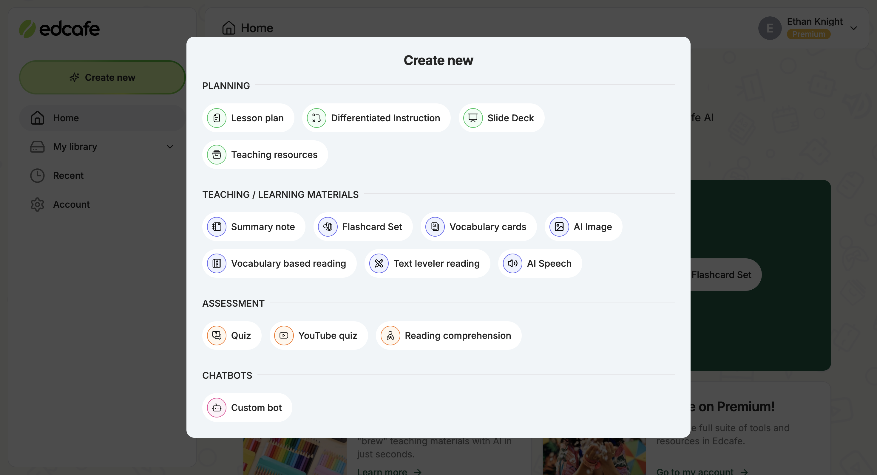 Edcafe AI 'Create new' modal