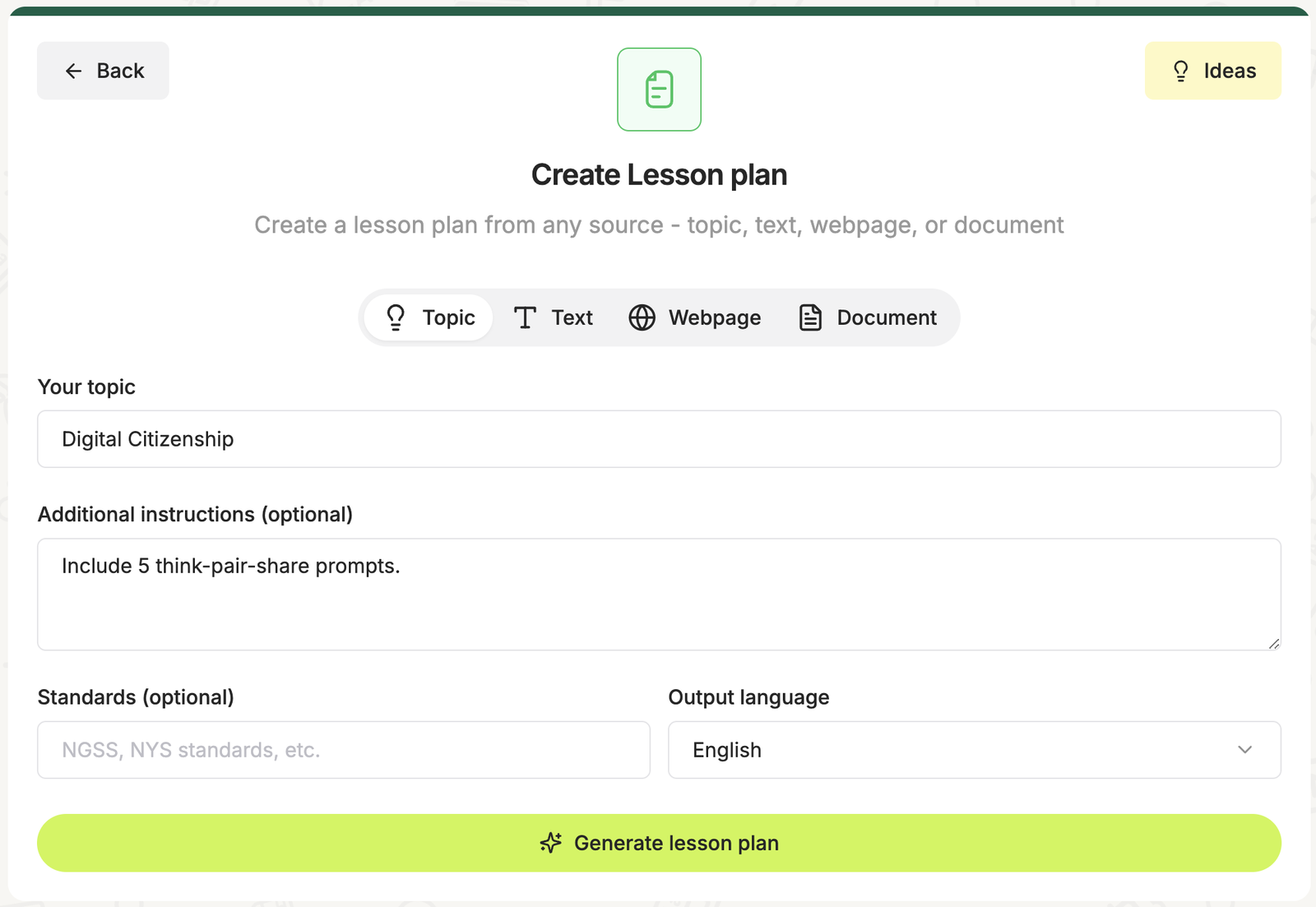 instructing think pair share prompts to be included in an Edcafe AI lesson plan