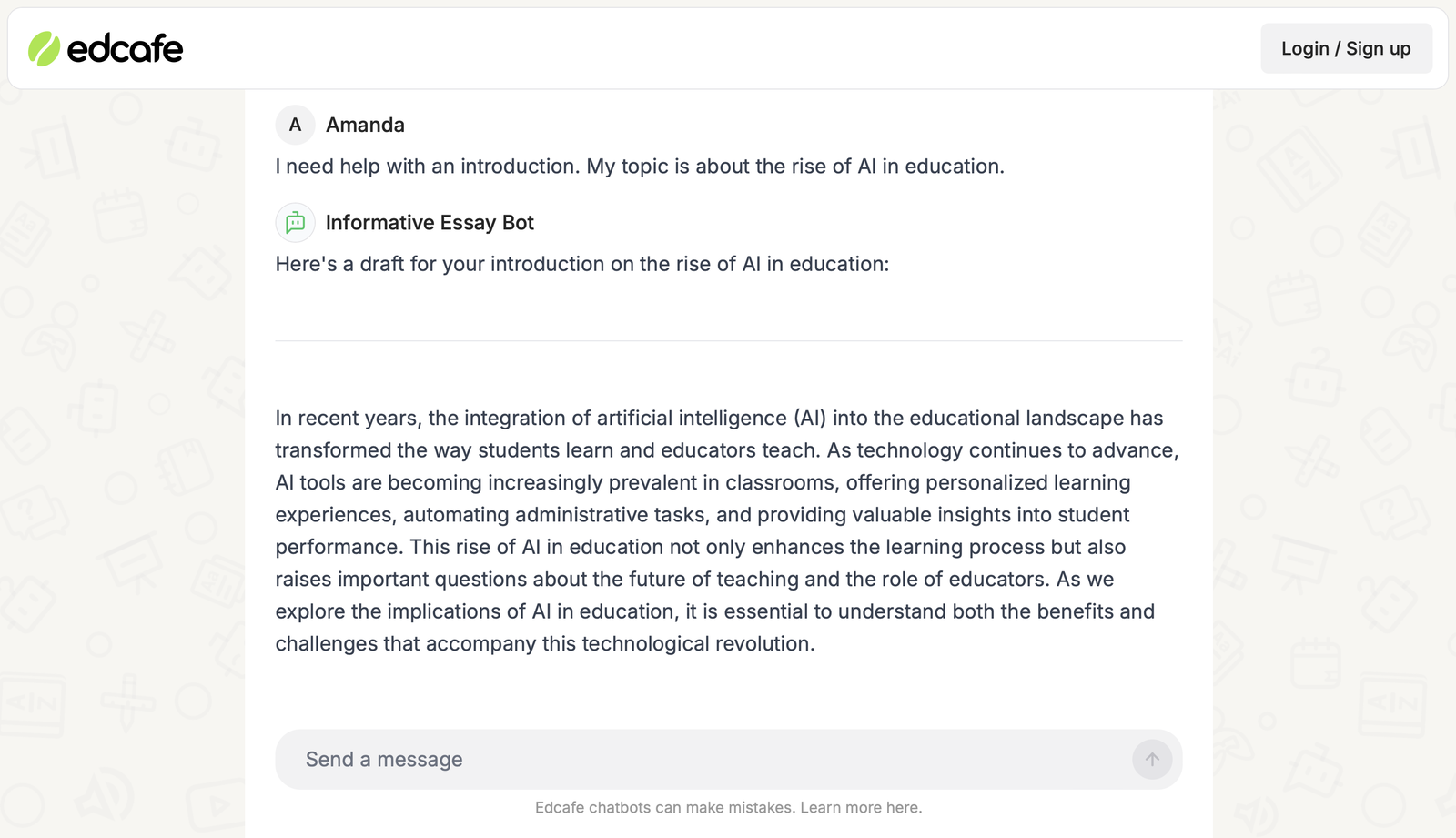 Informative essays chatbot in action, providing personalized guidance and feedback on essay structure and content.