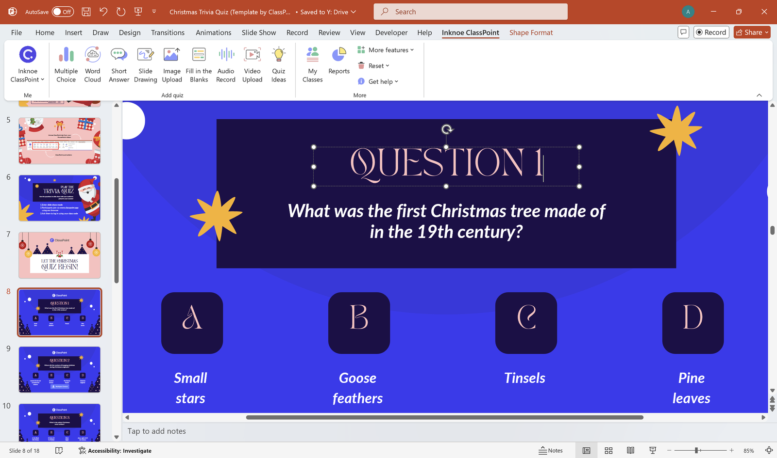 Setting up Christmas trivia questions in PowerPoint with ClassPoint