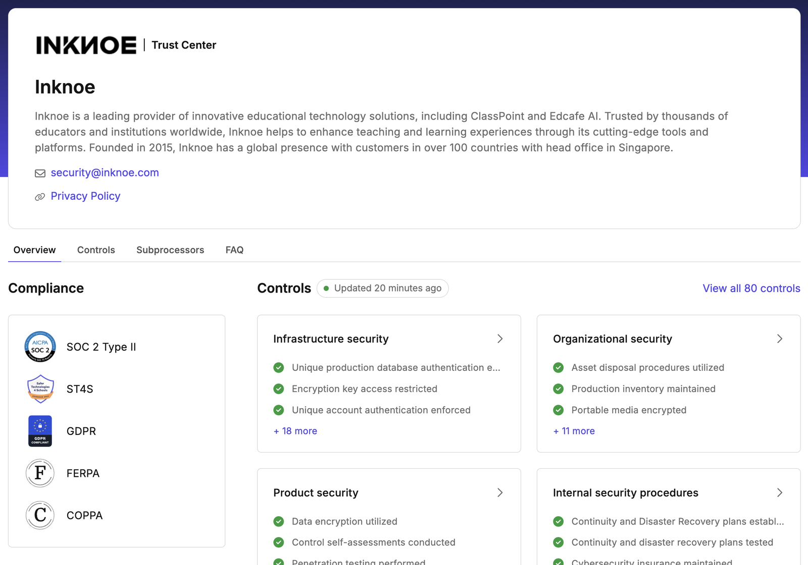 SOC 2 compliance, among others, of ClassPoint in the Inknoe Trust Center