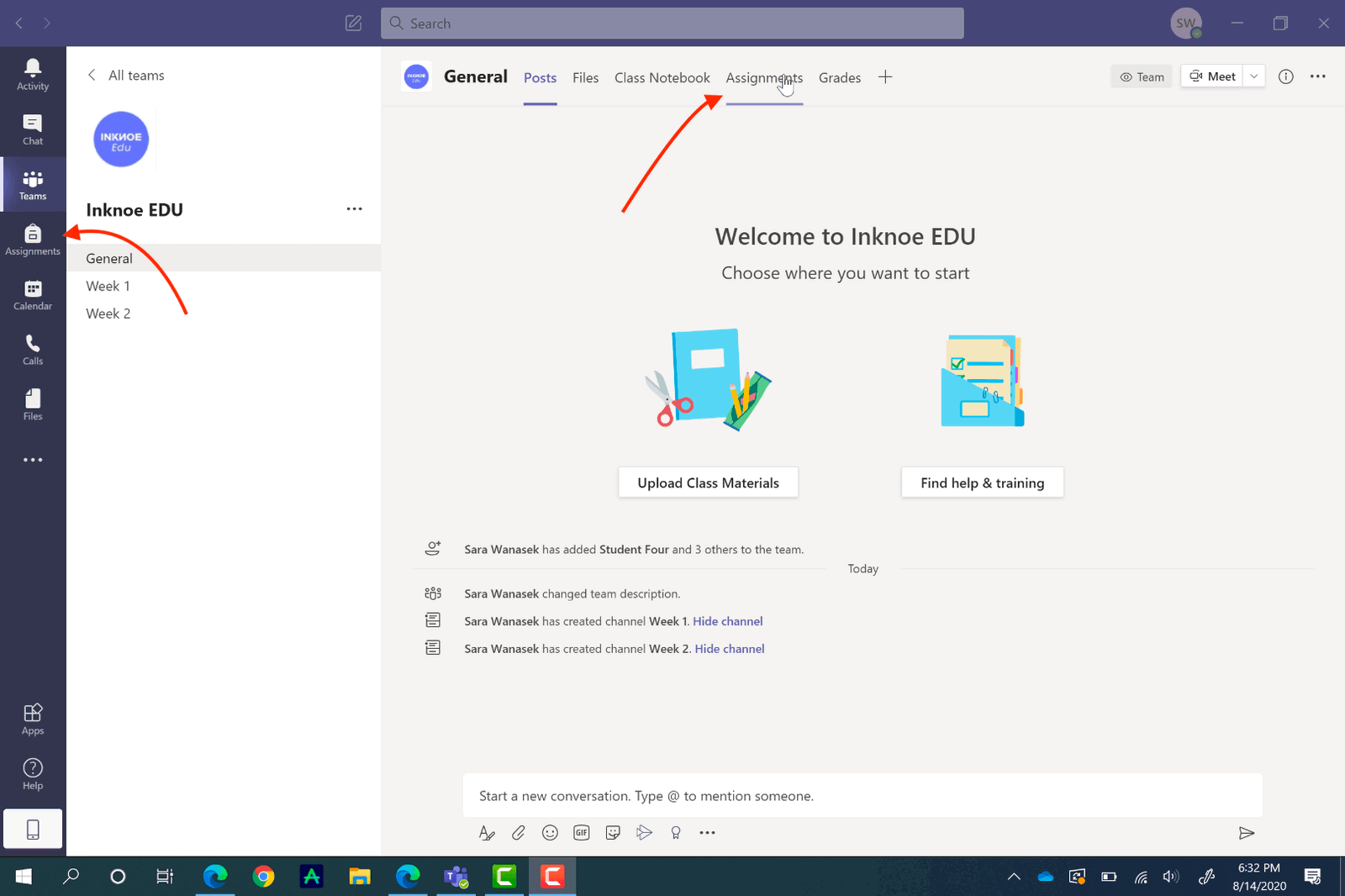 terdapat dua tempat untuk mengakses Tugasan dalam Microsoft Teams. Panel sisi dan dalam Saluran Umum.  