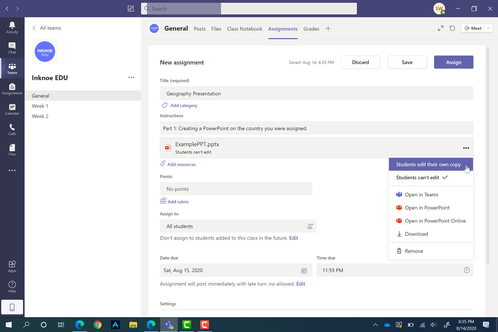 how to add assignment in microsoft teams