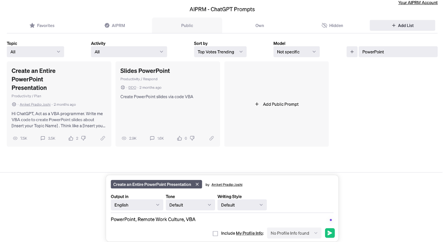 Créer une présentation PowerPoint en utilisant l'invite VBA AIRPRM dans ChatGPT