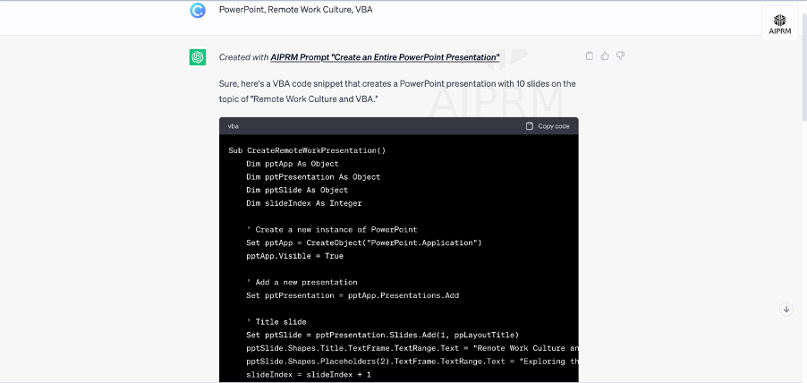 Create PowerPoint presentation using VBA codes with AIRPRM and ChatGPT