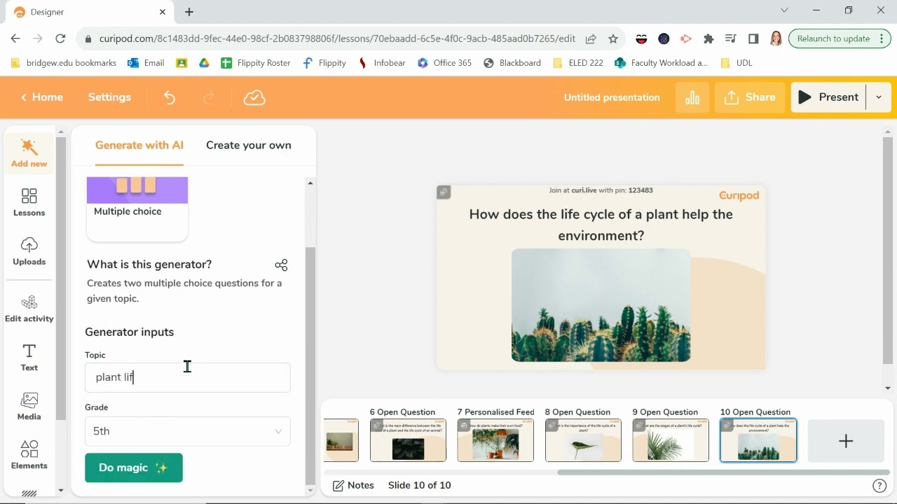 Screenshot and interface of Curipod tool for generating quiz questions
