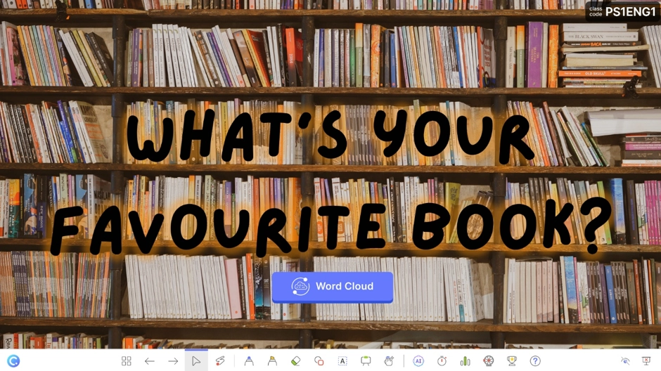 Word Cloud slide asking students their favourite book, with a bookshelf background