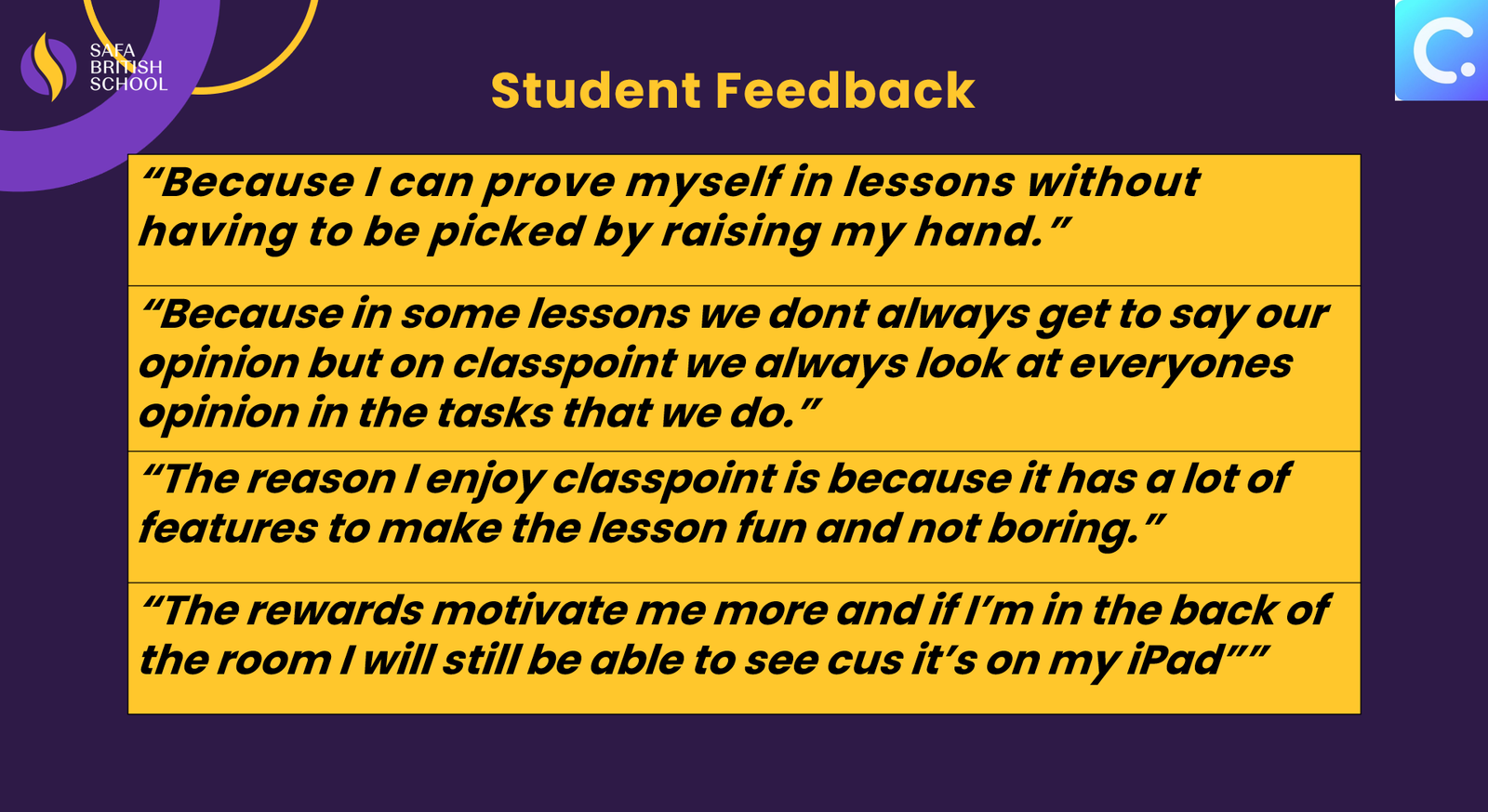 Safa british school students feedback