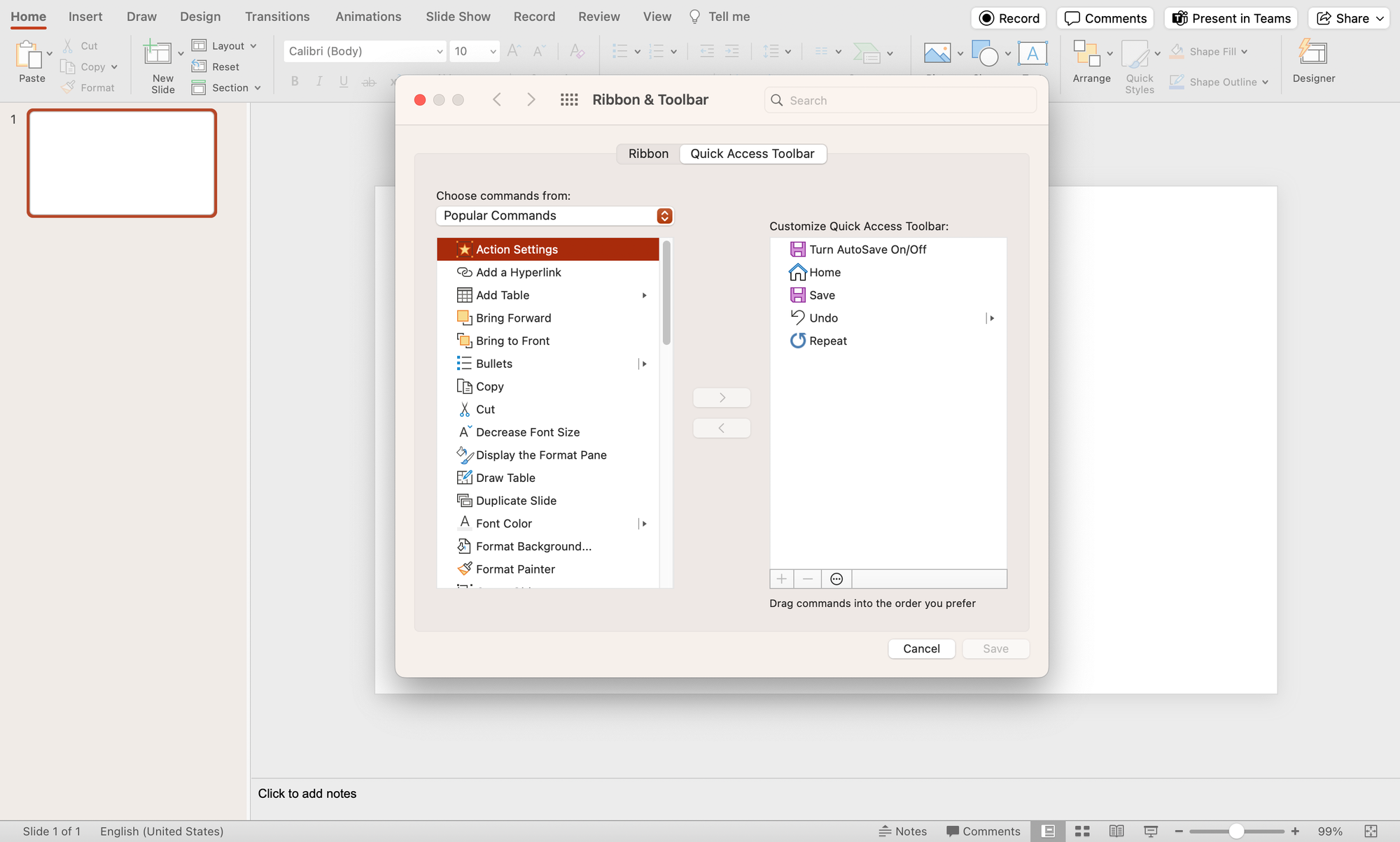 PowerPoint quick access to toolbar