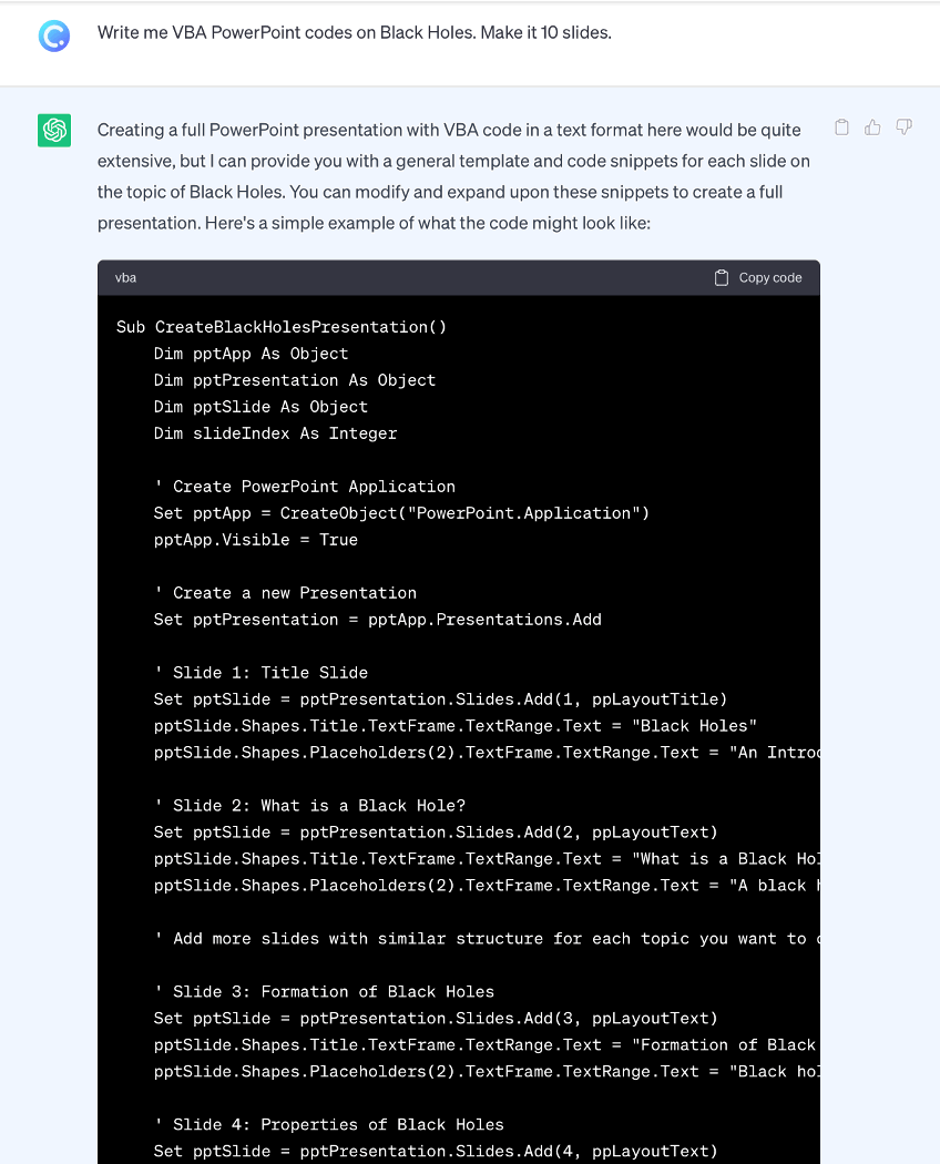 ChatGPT crée des présentations PowerPoint à l'aide de codes VBA