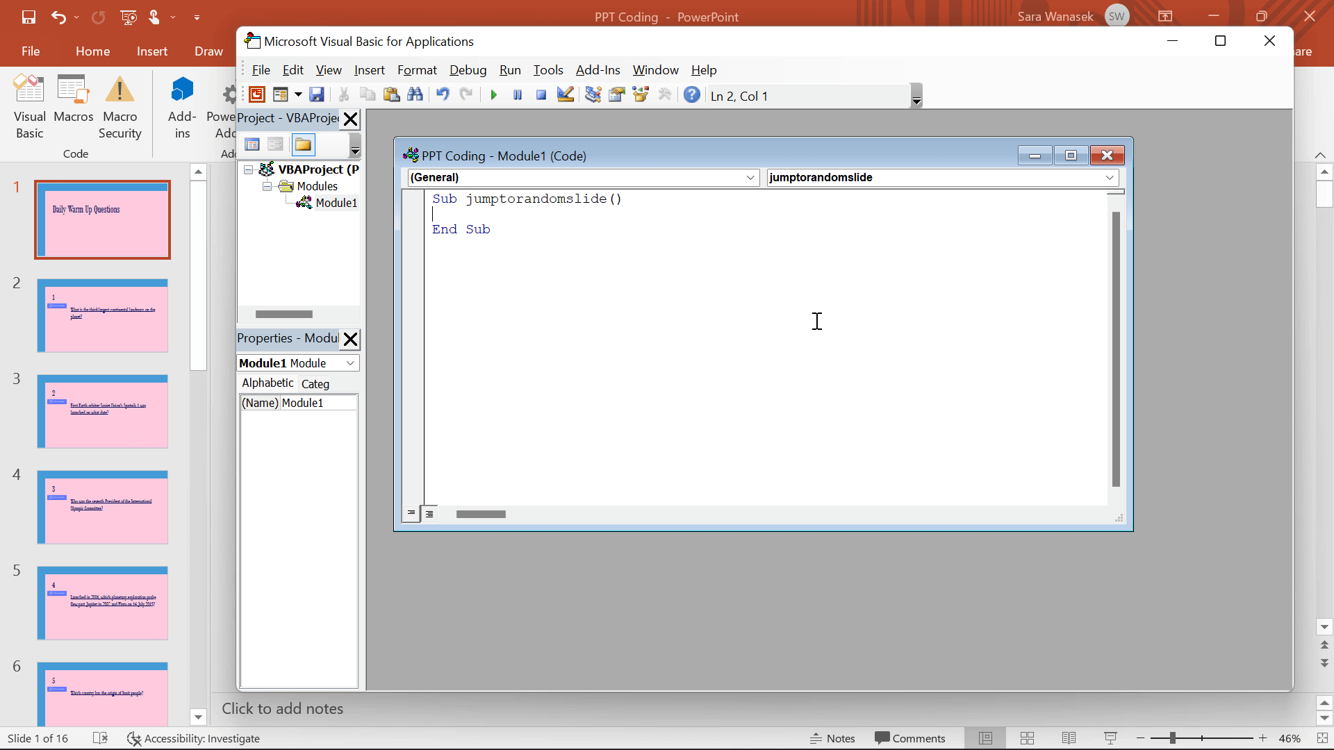 PowerPoint Visual Basic Editor mở ra để tạo Macro