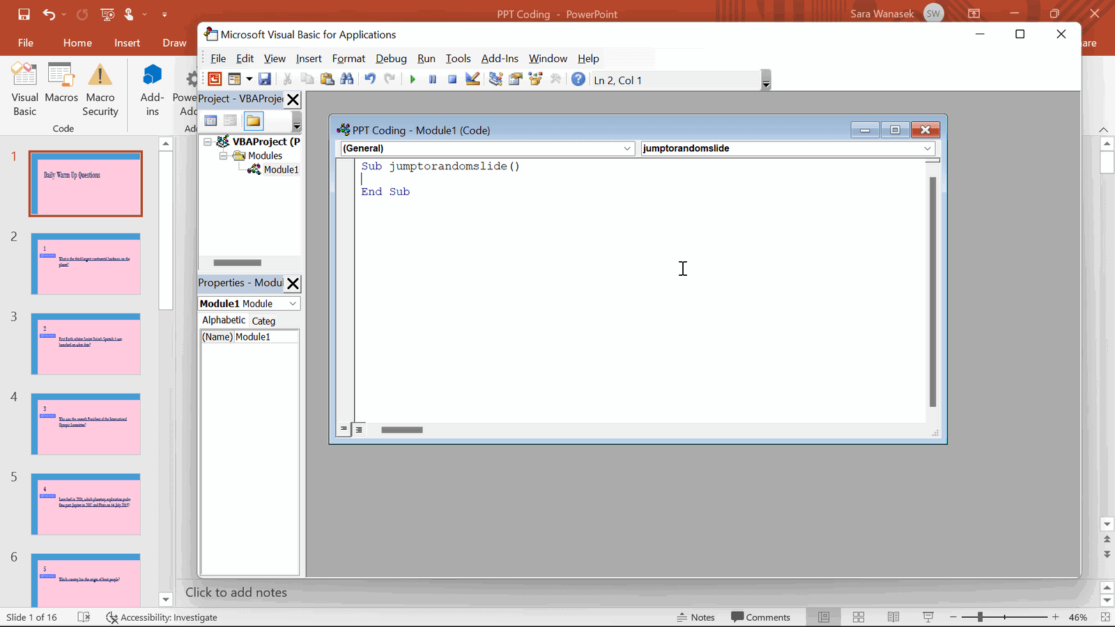 PowerPoint Visual Basic Editor mở ra để tạo Macro