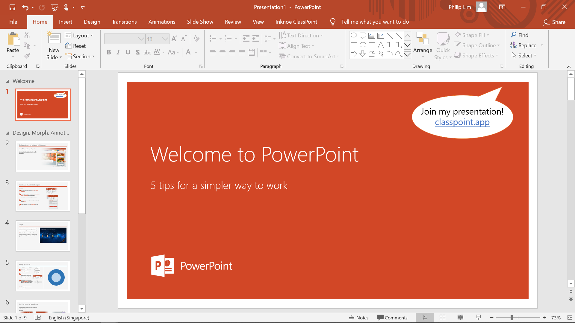 Screenshot of PowerPoint with ClassPoint tooltip to join class faster